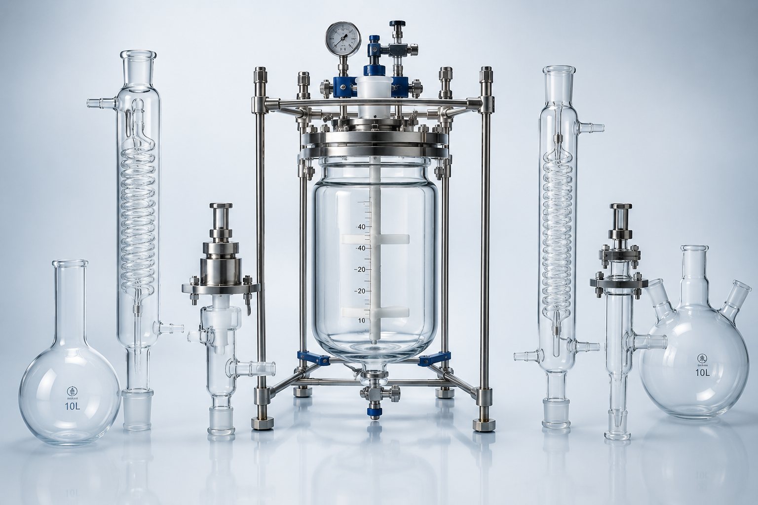 Custom fabricated glass apparatus — jacketed glass reactor on a stainless frame with pressure gauge, coil condensers, glass valves and 10 litre flasks