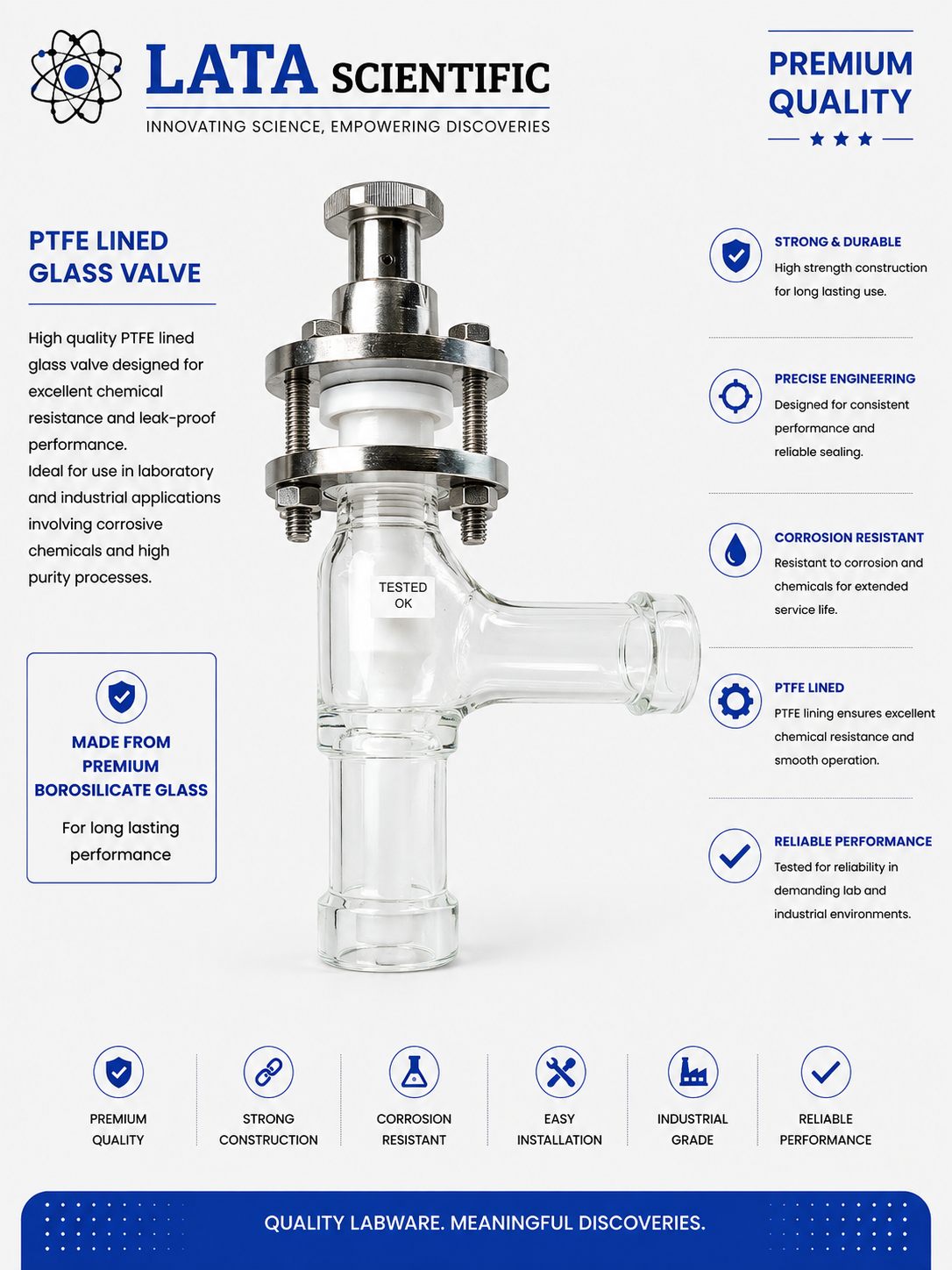 PTFE lined borosilicate glass angle valve with a stainless steel spindle assembly, bolted backing flanges and a side outlet