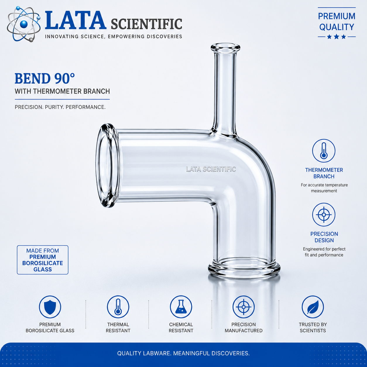 Borosilicate glass 90 degree bend with a thermometer branch on the elbow