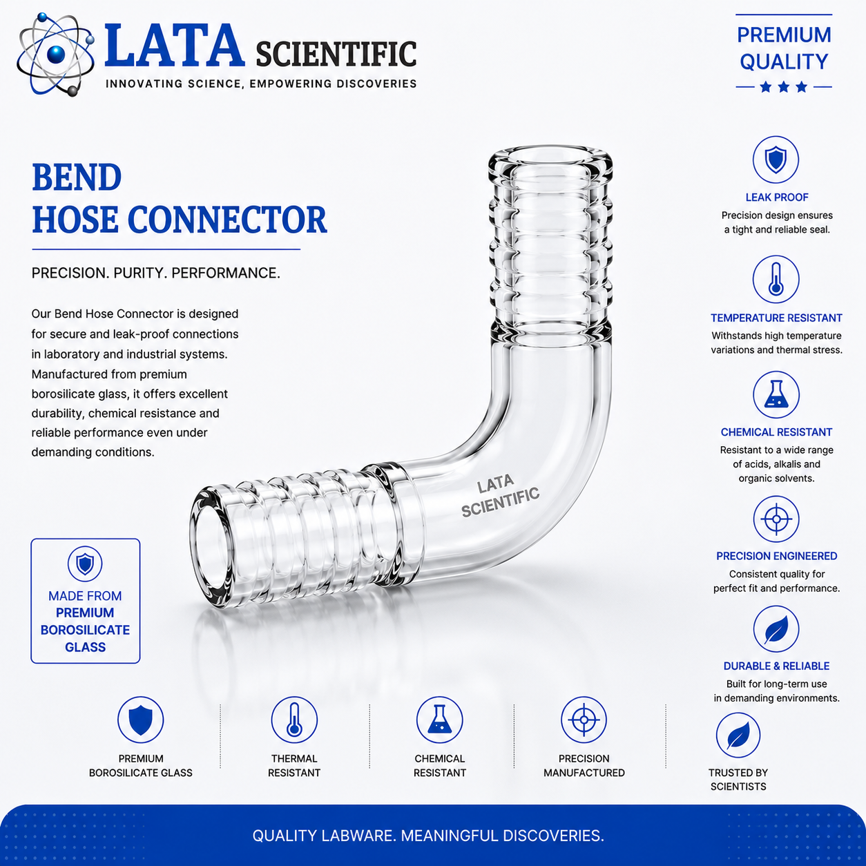 Borosilicate glass bend hose connector with angled barbed tail