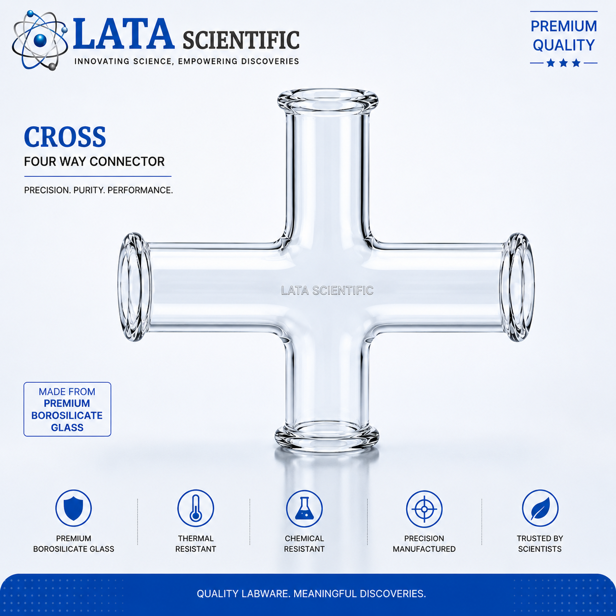 Borosilicate glass four-way cross with equal branches
