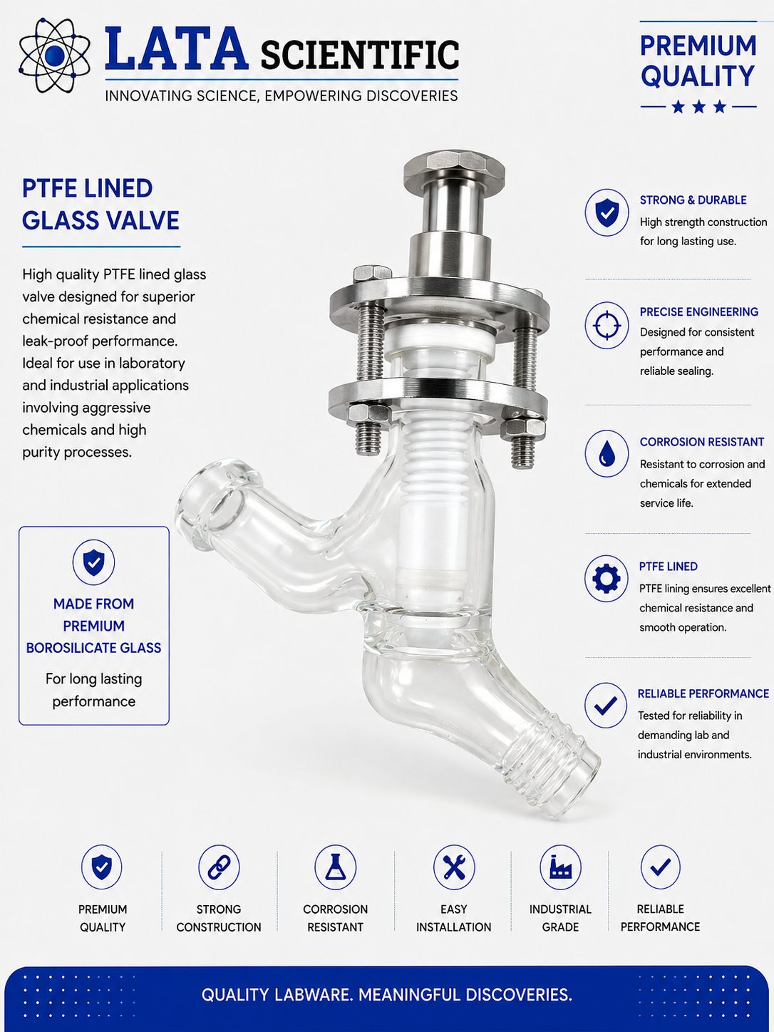 PTFE lined borosilicate glass drain valve with a stainless steel spindle assembly, bolted backing flanges and a tapered drain leg