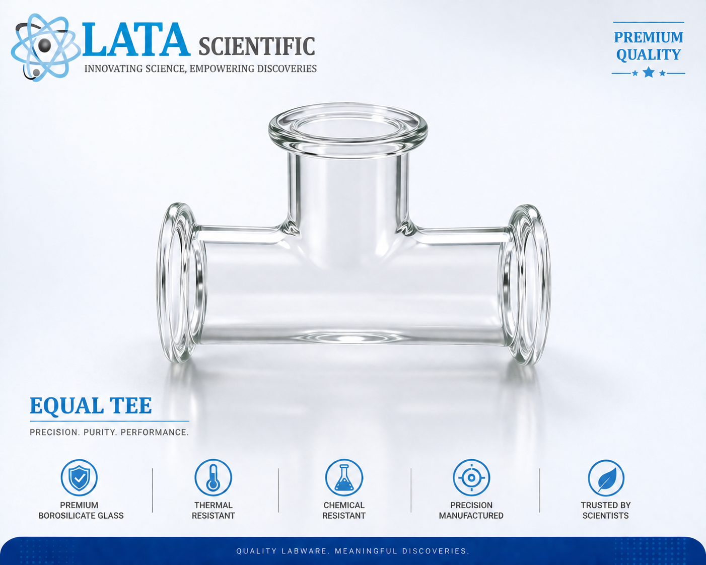 Borosilicate glass equal tee with three branches of the same bore