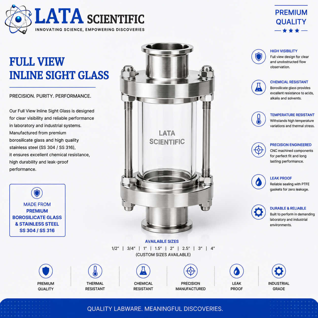 Borosilicate glass full view inline sight glass