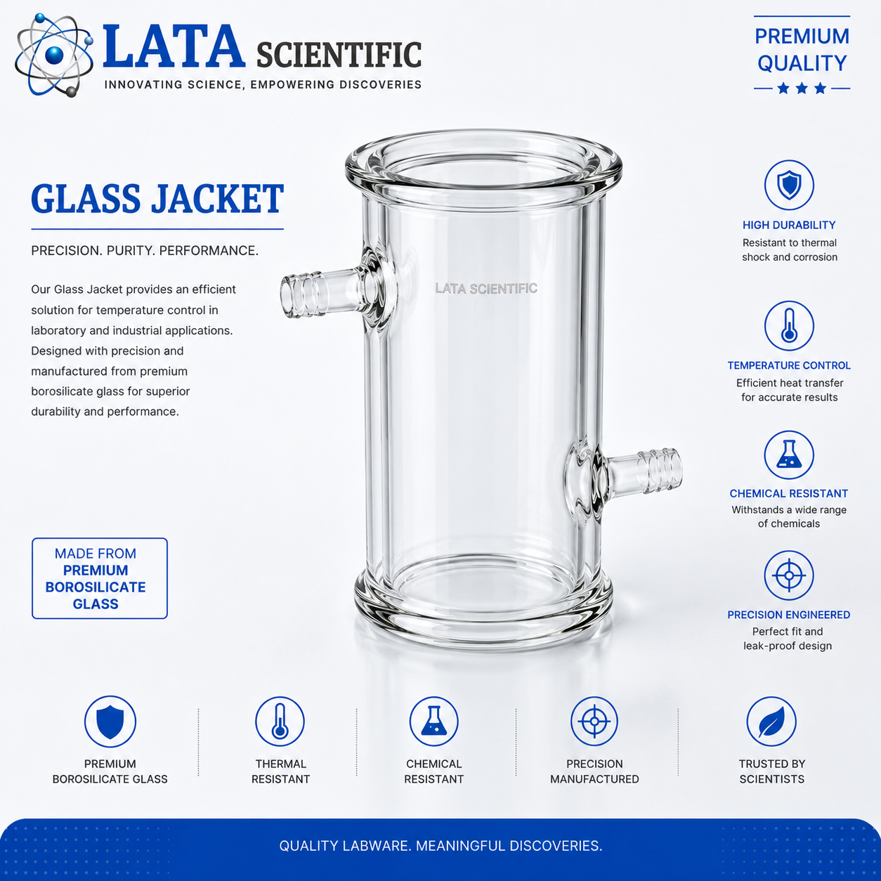 Borosilicate glass jacketed pipe section with glass outer jacket and service connections