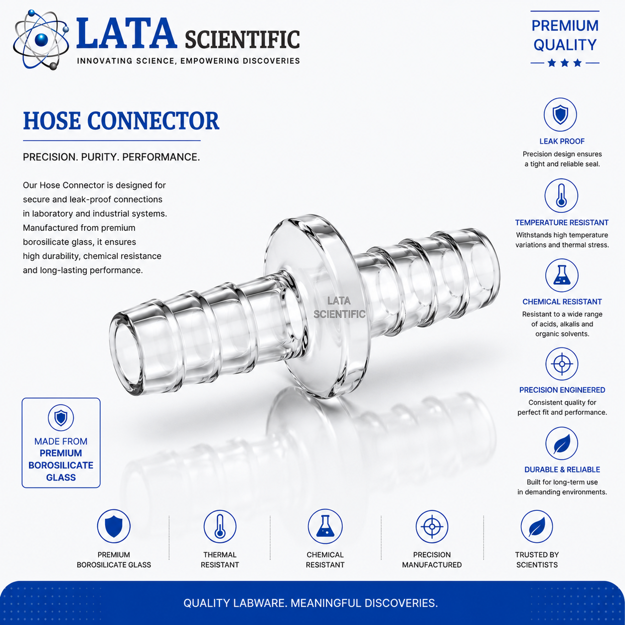 Borosilicate glass hose connector with barbed tail