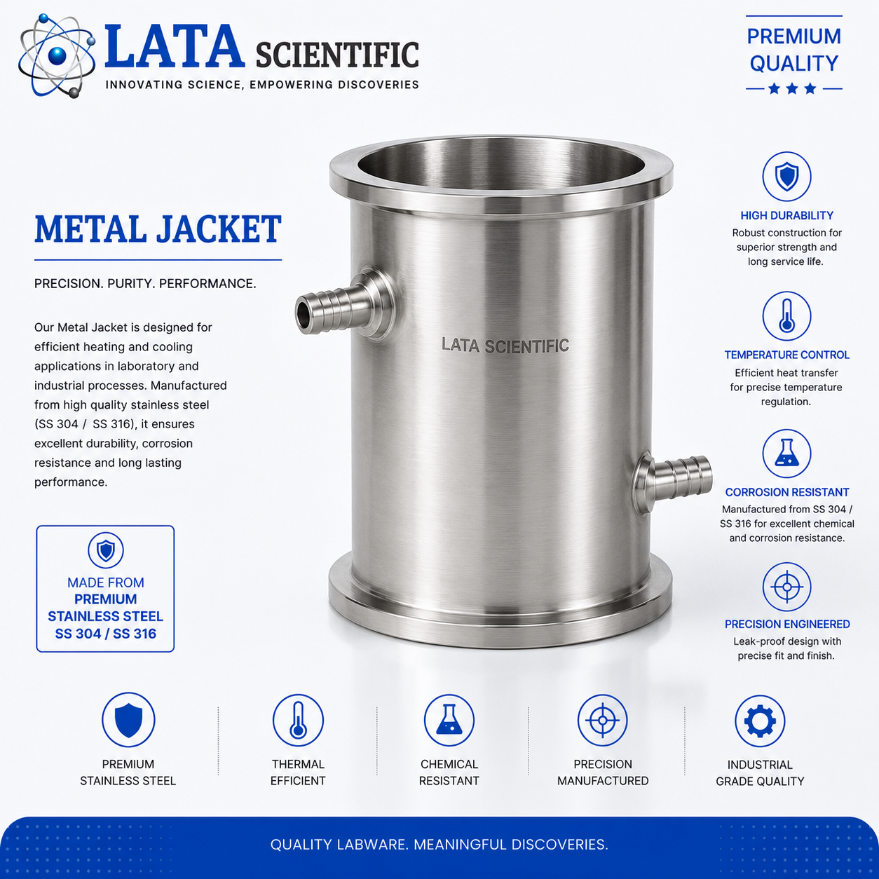 Metal jacketed borosilicate glass pipe section with service connections