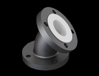 PTFE lined 45 degree elbow in carbon steel showing flange bolt circle and fluoropolymer liner
