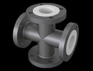 PTFE lined equal cross with four flanged branches of the same bore