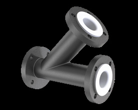 PTFE lined equal lateral tee with a 45 degree branch at the same bore as the run