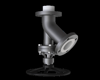 PTFE lined flush bottom valve with 45 degree outlet, heights H and H2 and lined vessel connection
