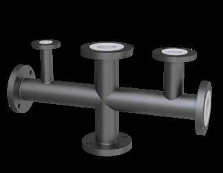PTFE lined header manifold with multiple flanged branch connections along a lined run