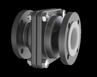 PTFE lined non return valve with flanged body and lined bore preventing reverse flow