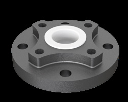 PTFE lined reducing flange showing the larger outer flange and the smaller lined bore