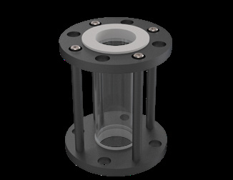 PTFE lined tubular sight flow indicator with full-bore glass tube between lined flanges