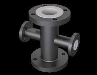 PTFE lined unequal cross with smaller branch flanges than the run flanges