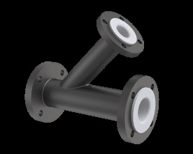 PTFE lined unequal lateral tee with a smaller 45 degree branch marked at 45 degrees