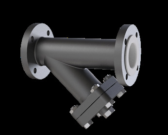 PTFE lined Y-type strainer with angled removable screen leg and flanged inlet and outlet