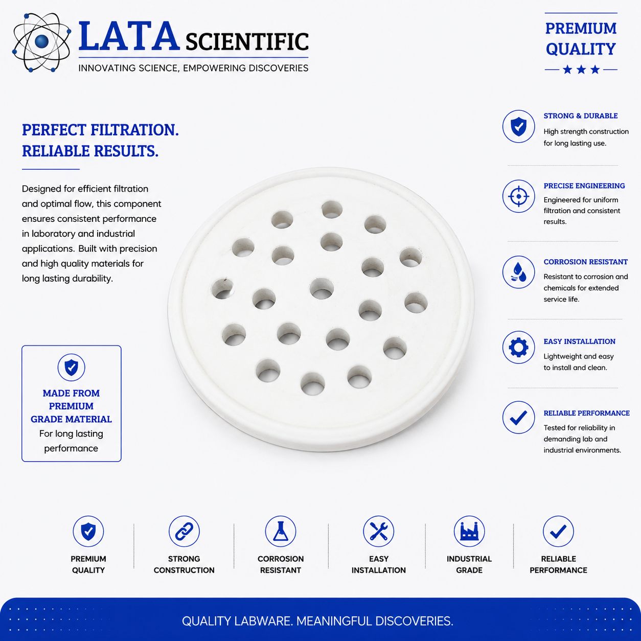PTFE perforated plate — a white PTFE disc drilled with a regular pattern of round holes across its face