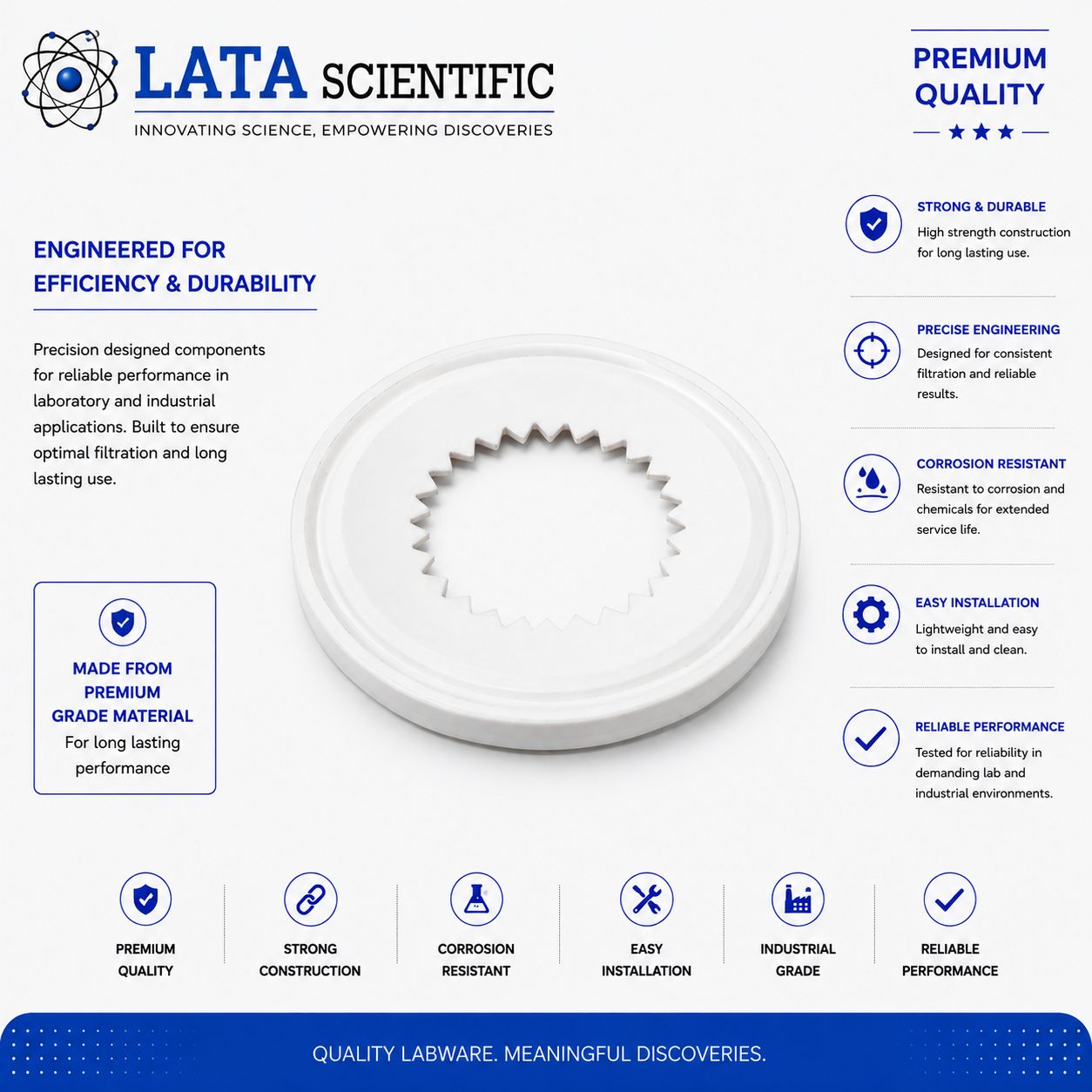 PTFE redistributor — a white PTFE ring with a serrated inner edge that returns liquid to the centre of the column