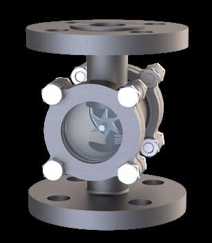 Rotary wheel type double window sight flow indicator with stainless rotor visible through the glass