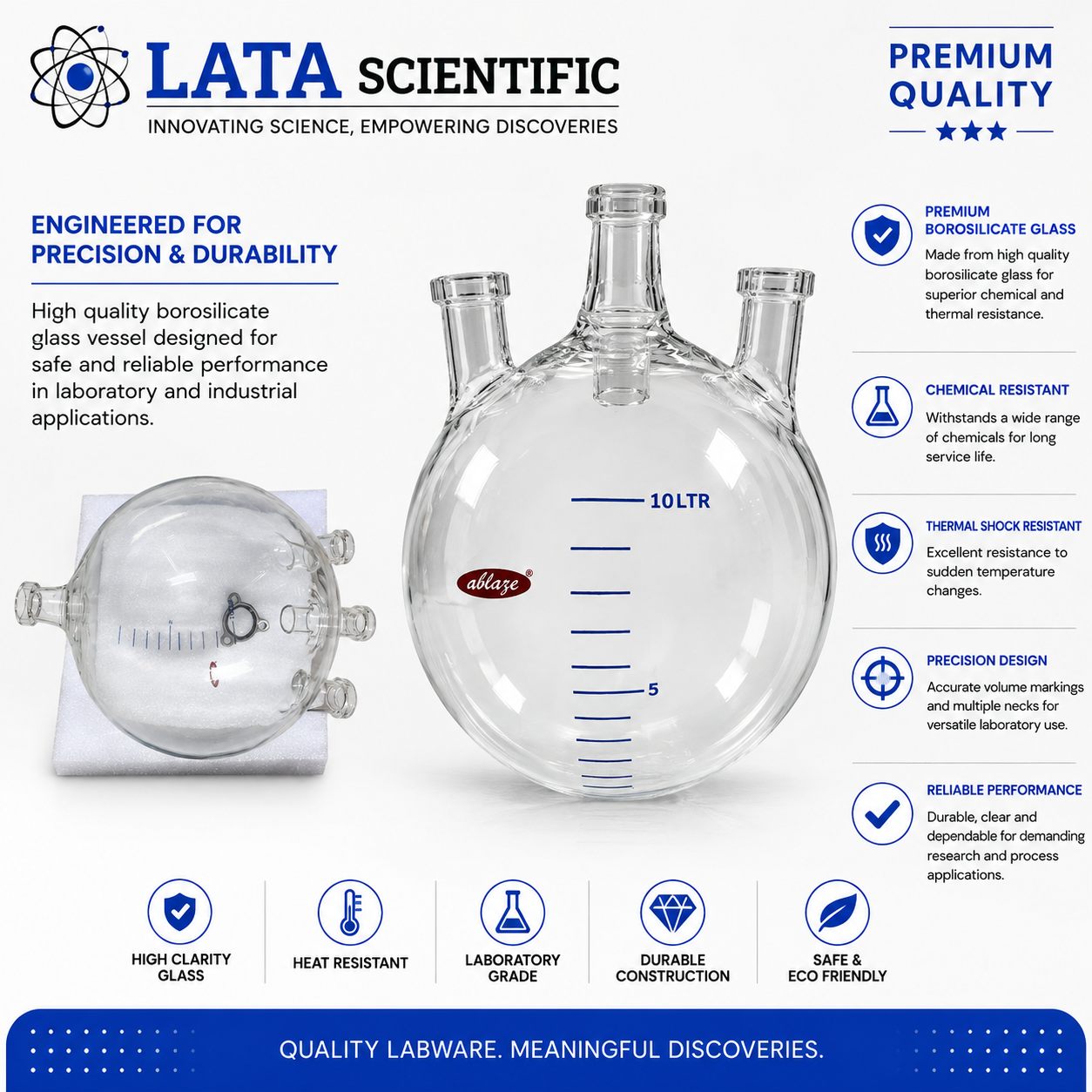 Borosilicate spherical vessel graduated to 10 litres with three necks, shown beside a second vessel packed for shipping
