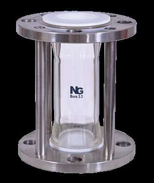 Stainless allen key tubular sight flow indicator with PTFE T-bush isolating the flange from the fluid