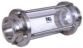 Tri-clamp ended tubular sight flow indicator with hygienic TC connections and glass tube