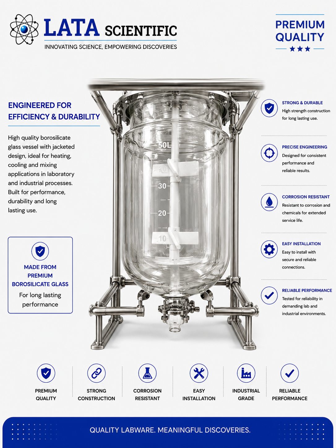Triple wall jacketed borosilicate glass vessel graduated to 50 litres, with a bolted top flange, stirrer shaft, bottom outlet valve and stainless steel support frame