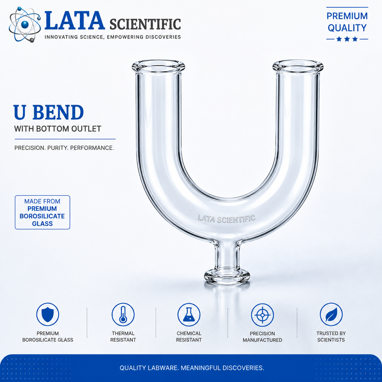Borosilicate glass U bend with a bottom outlet branch for draining