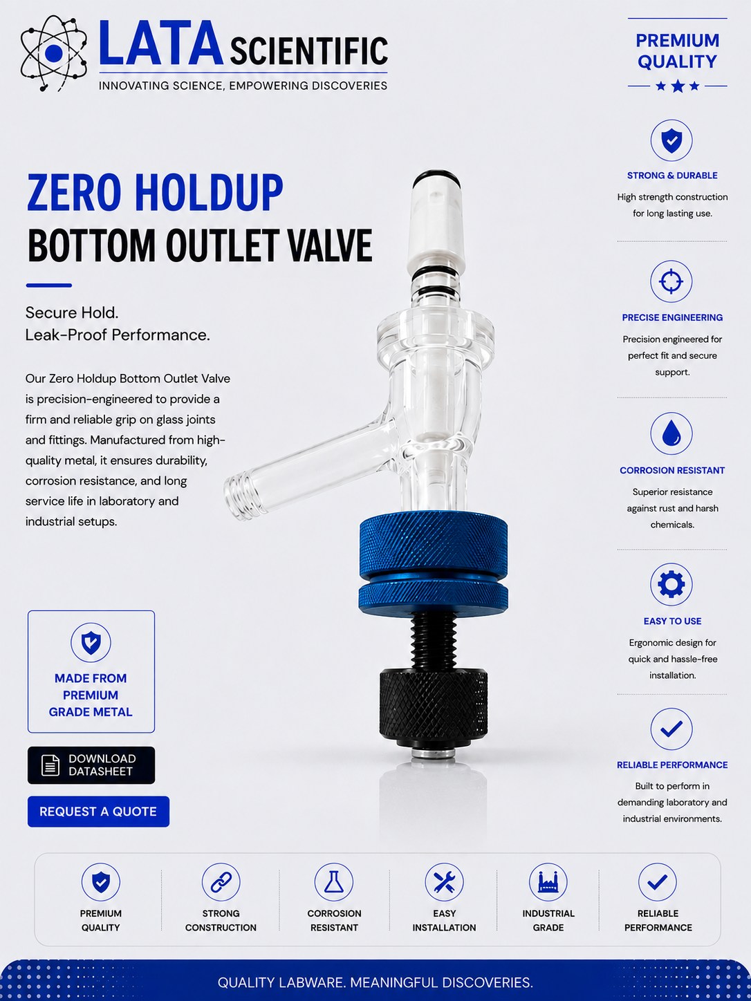 Zero holdup bottom outlet valve with a borosilicate glass body and side outlet, mounted above blue anodised adjusting collars and a black knurled handwheel