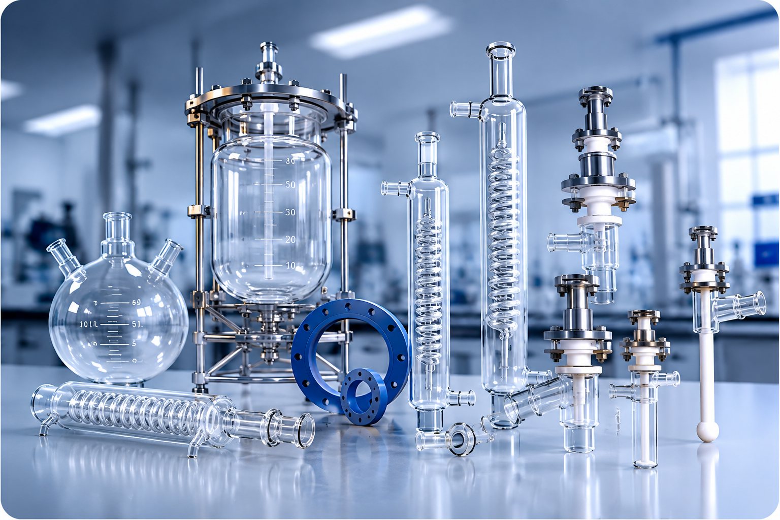 Borosilicate glass process equipment on a laboratory bench — jacketed glass reactor, coil condensers, PTFE lined valves and a lined backing flange